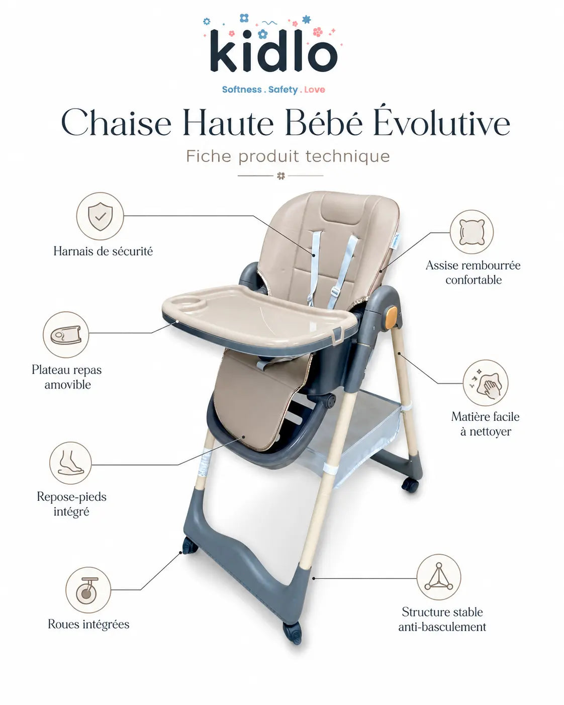 Chaise haute bébé multifonctionnelle pliable KIDLO avec hauteur réglable, assise confortable et cadre robuste pour repas et activités.