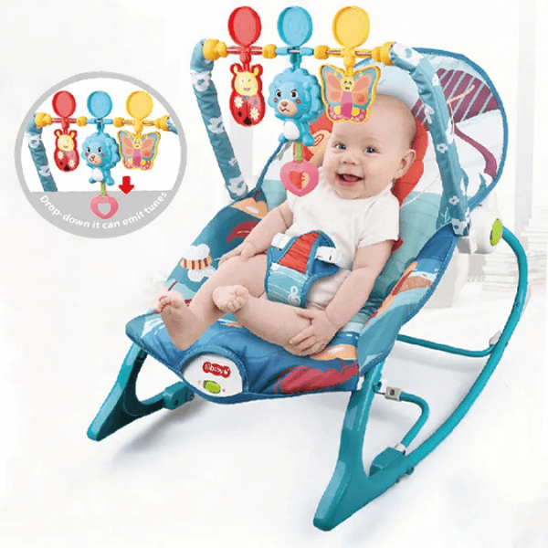 Chaise à bascule KIDLO Relax avec musique, siège confortable pour bébé, structure en bois et coussin rembourré.