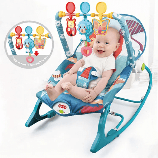 Chaise à bascule KIDLO Relax avec musique, siège confortable pour bébé, structure en bois et coussin rembourré.