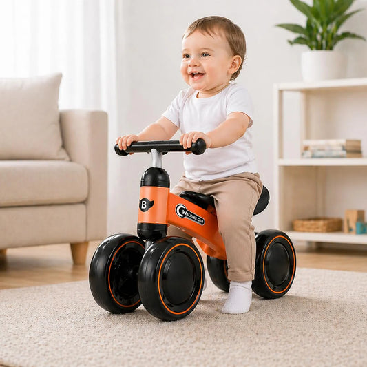 Vélo d’équilibre 4 roues sans pédales pour enfants de 1 à 2 ans, marque KIDLO, avec cadre coloré et poignées ergonomiques.