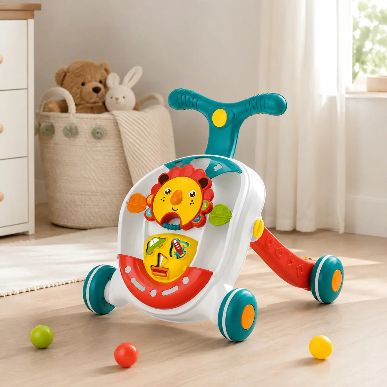 Trotteur bébé 3 en 1 KIDLO, bébé utilisant le trotteur roulant avec un design coloré et sécurisé.