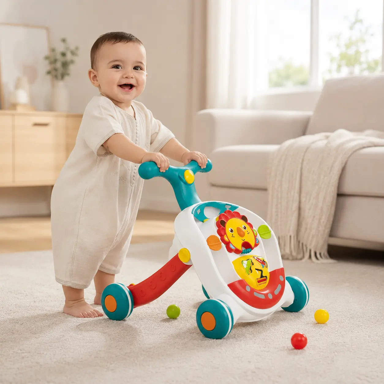 Trotteur bébé 3 en 1 KIDLO, balles colorées et plateau d'activités pour apprendre à marcher en toute sécurité.