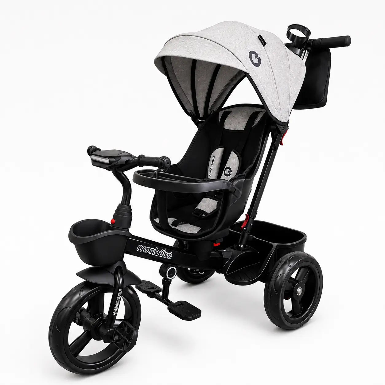 Poussette évolutive à 3 roues de la marque KIDLO, tricycle poussette pour enfants, vue de face avec cadre robuste et roues solides.
