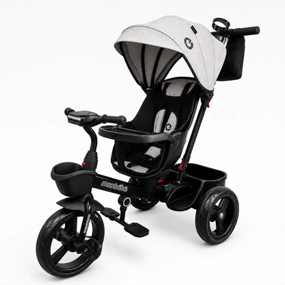 Poussette évolutive à 3 roues de la marque KIDLO, tricycle poussette pour enfants, vue de face avec cadre robuste et roues solides.