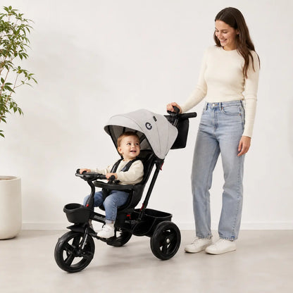 Poussette évolutive pour enfant Kidlo avec tricycle à 3 roues, adaptée pour les jeunes enfants, image montrant la poussette en position initiale.