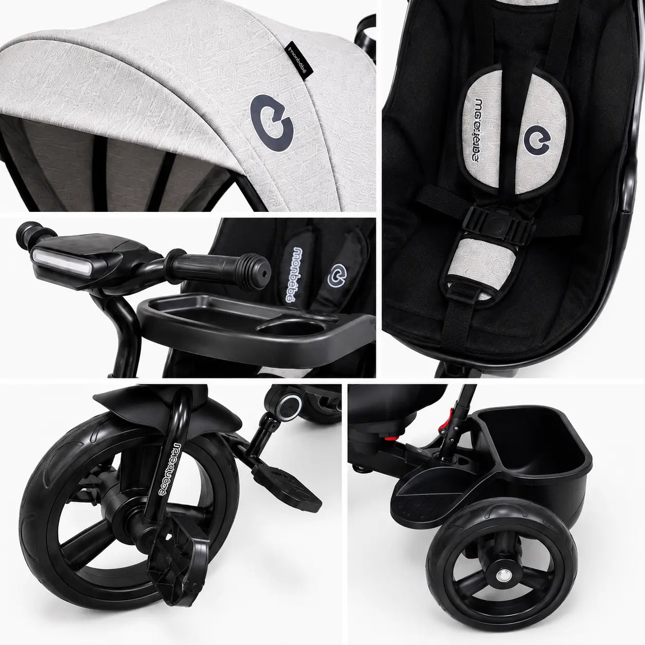 Poussette évolutive KIDLO à trois roues pour enfants, tricycle poussette avec guidon réglable, image montrant la structure et les roues.