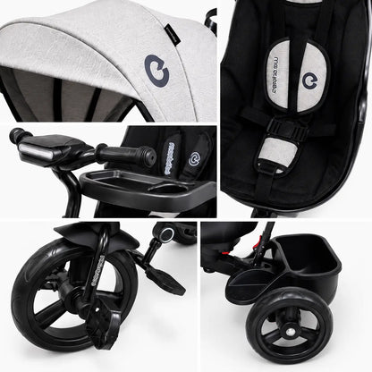 Poussette évolutive KIDLO à trois roues pour enfants, tricycle poussette avec guidon réglable, image montrant la structure et les roues.